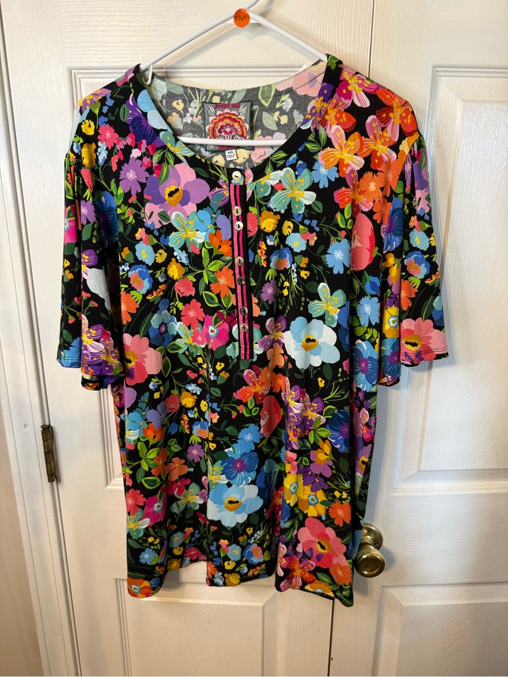 Johnny Was Black Floral Short-Sleeve Henley Top with Multi-Color Blooms
